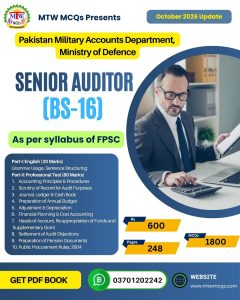 FPSC Senior Auditor BS-16 PDF Book October 2026 for Pakistan Military Accounts Department by MTW MCQs